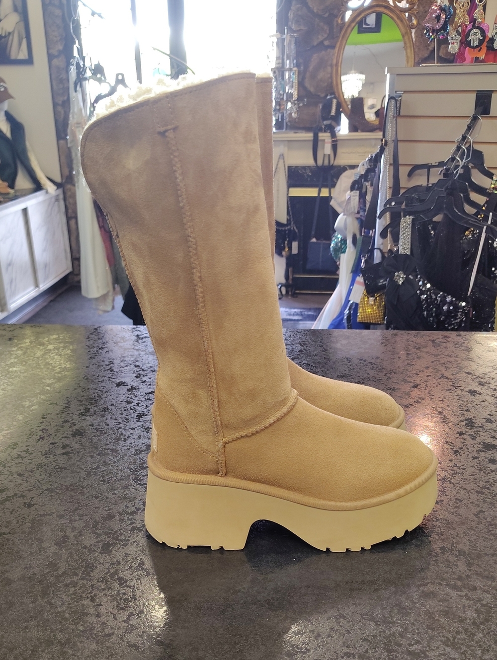 UGG Tan Suede Platform Shearling-Lined Mid-Calf Boots